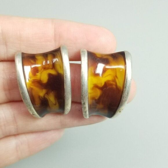 Vintage Anne Kline Tiger Eye Large Curved Stud Earrings Pierced, Silver Tone - Picture 8 of 8